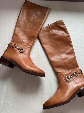 Aldo Women’s Size 8 Tan Tall Calf Riding Boots Horsebit Chain Block Heel